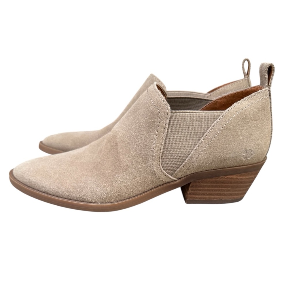 Lucky Brand Suede Tan Ankle Fallo Bootie Shootie Western Block Heel Slip On 6.5